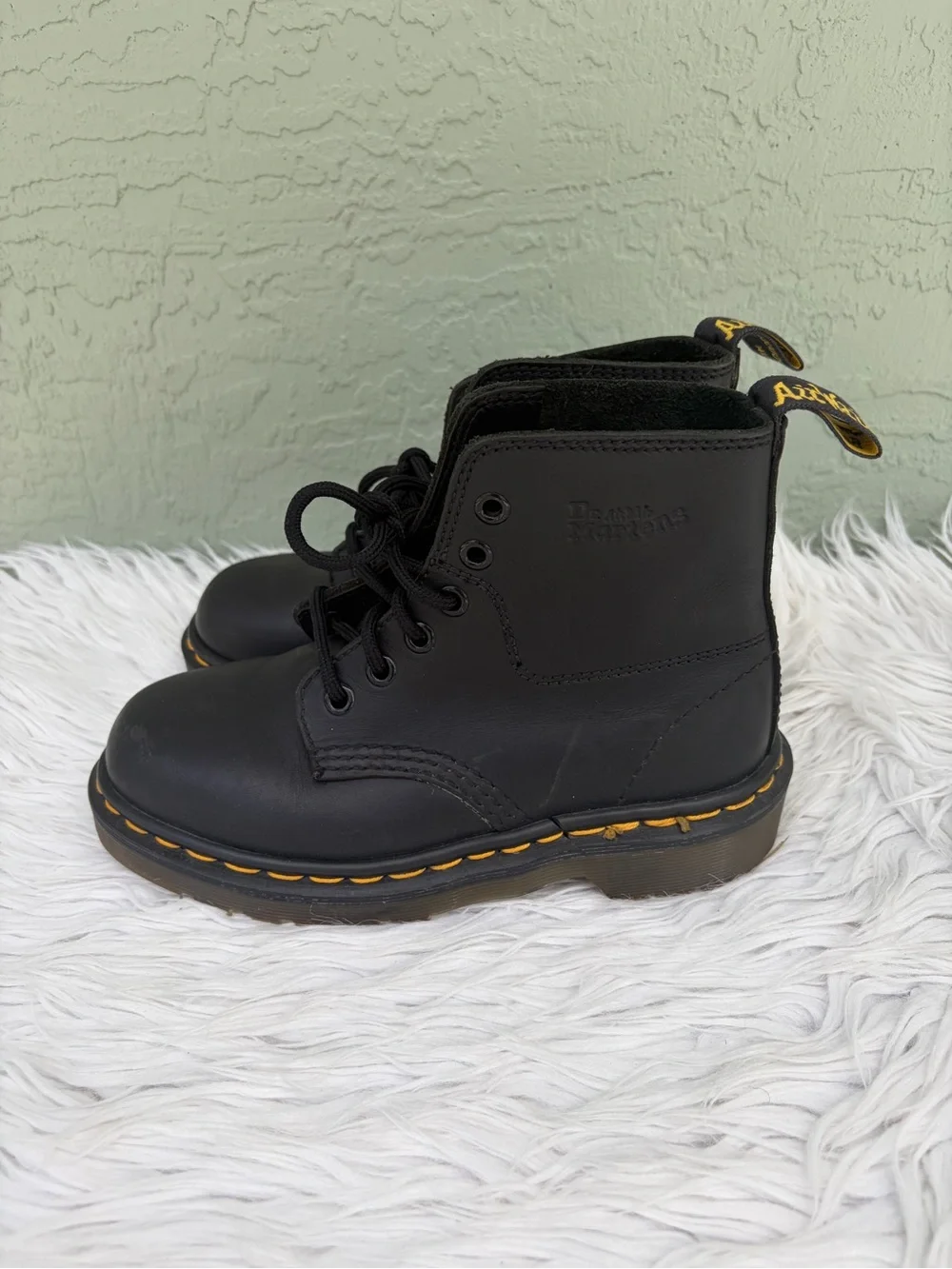 Dr. Martens Black Leather Ankle Boots with Yellow Stitching NEW